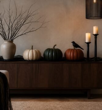 Aparador decorado para Halloween con calabazas en tonos neutros, ramas oscuras y luces sin llama