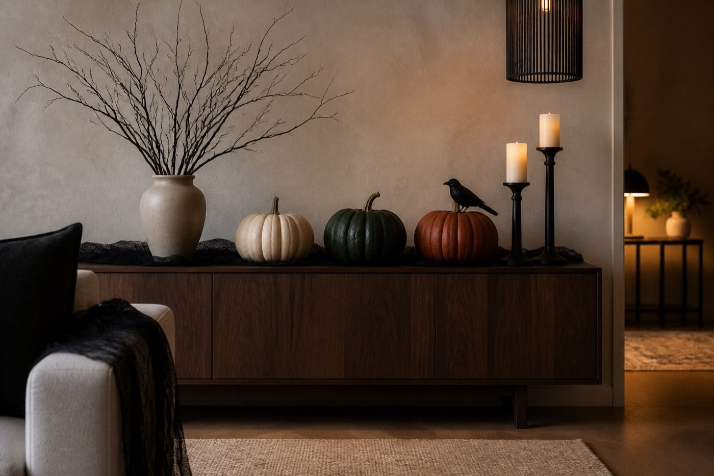Decoración de Halloween elegante con calabazas, velas y tonos oscuros
