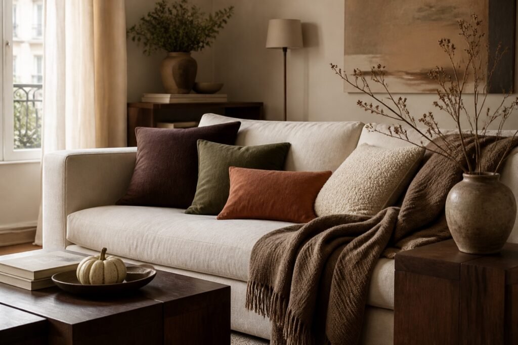 Salón decorado para el otoño con textiles en tonos crema, chocolate, terracota y verde oliva