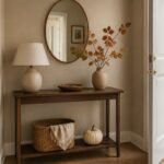 Recibidor de otoño con consola de madera, espejo, cerámica y ramas en tonos cálidos