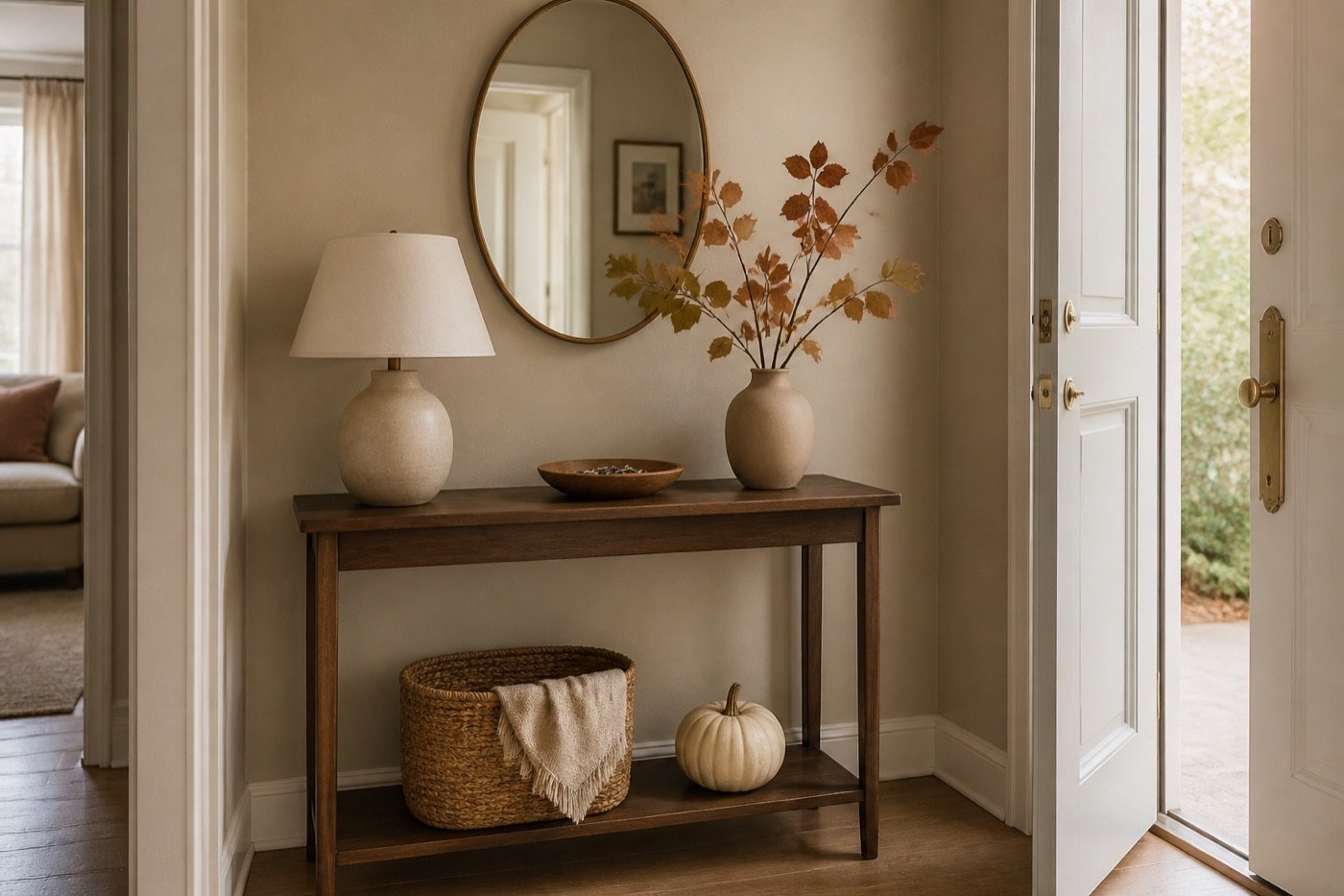 Entrada de casa decorada en otoño con una consola de madera y elementos naturales