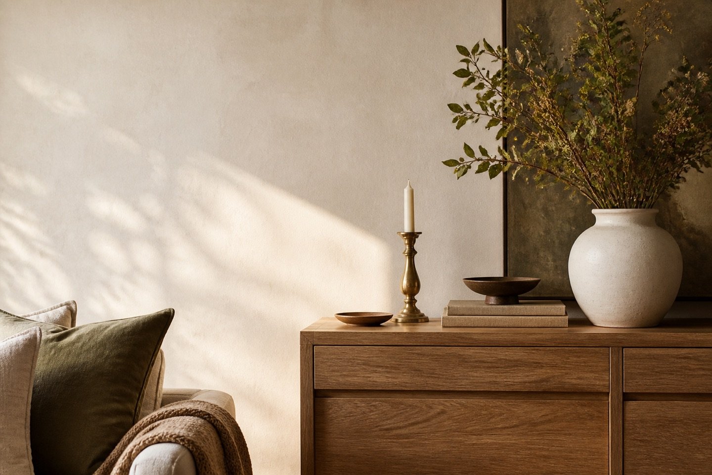 Interior cálido con consola de madera, cerámica, latón y textiles en tonos naturales