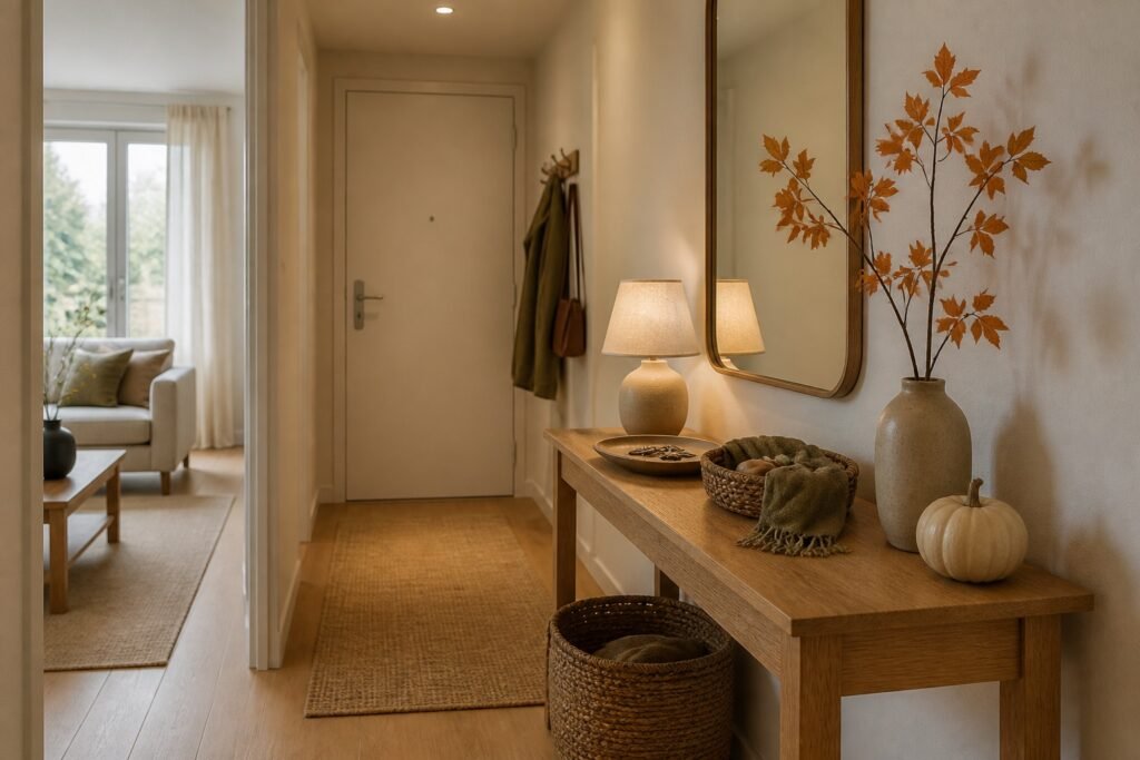 Entrada de casa con consola de madera, lámpara, cesta, bandeja y ramas otoñales