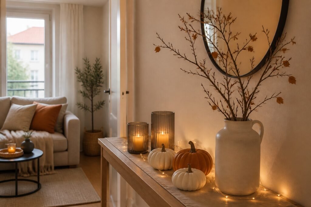 Decoración elegante de Halloween en un salón pequeño con calabazas y luz cálida