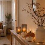 Decoración elegante de Halloween en un salón pequeño con calabazas y luz cálida