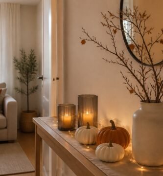 Decoración elegante de Halloween en un salón pequeño con calabazas y luz cálida