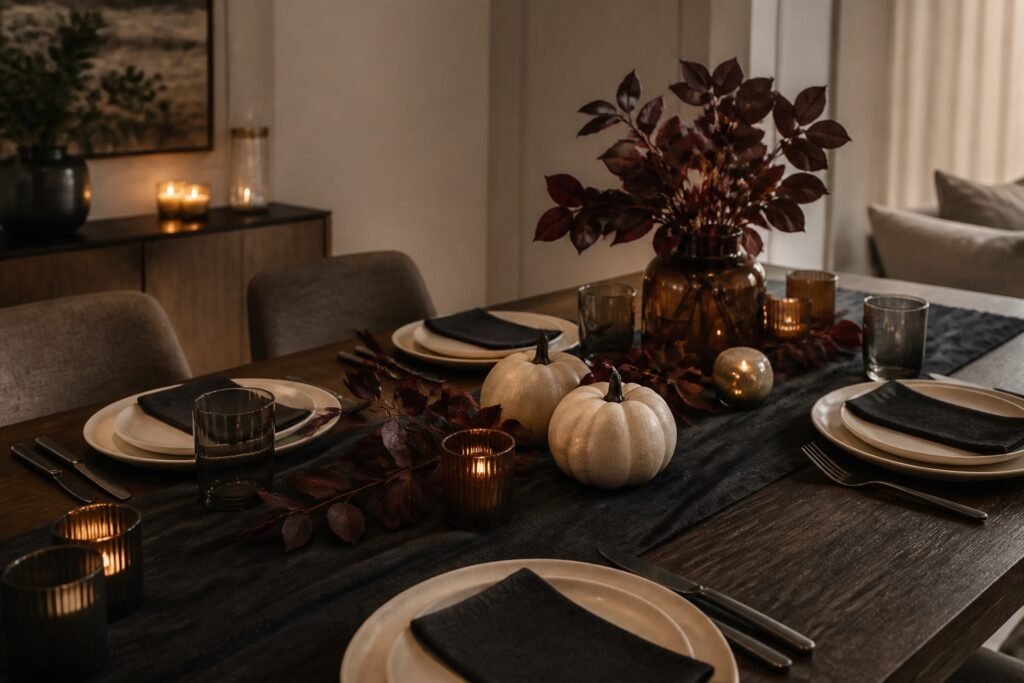 Mesa de Halloween con vajilla neutra, camino negro, calabazas claras, follaje burdeos y luces LED