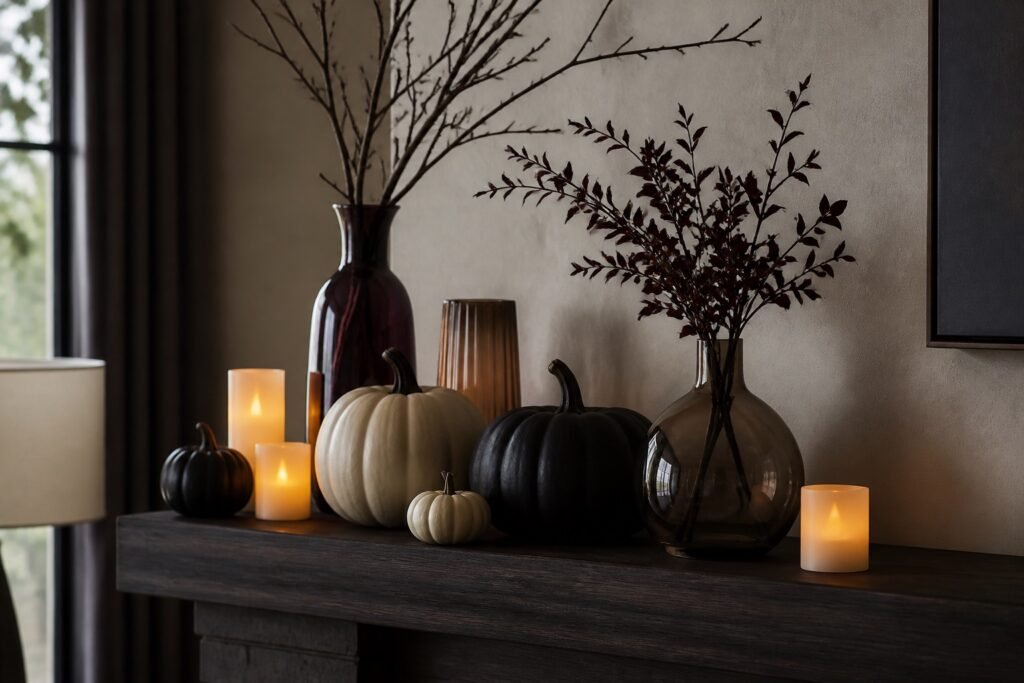 Repisa de madera oscura con calabazas neutras, jarrones de vidrio y velas LED