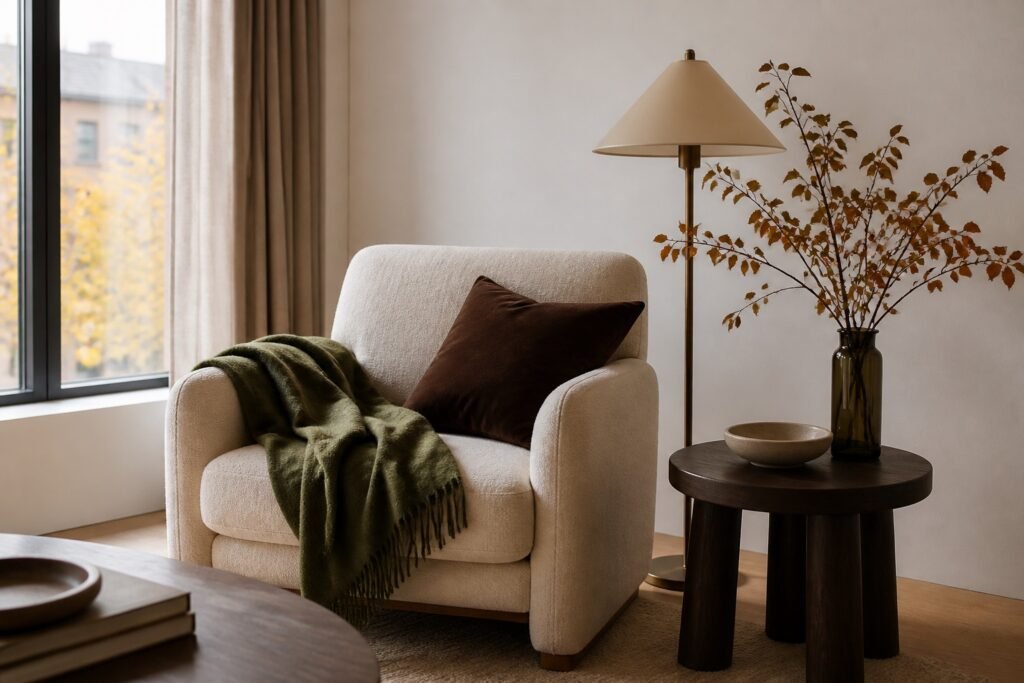 Rincón de lectura con sillón crema, manta verde oliva, cojín chocolate y mesa auxiliar de madera oscura