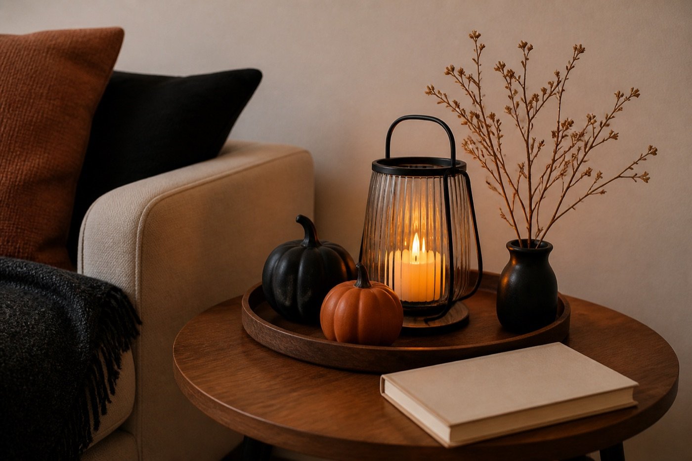 Rincón de Halloween elegante sobre una mesa auxiliar pequeña