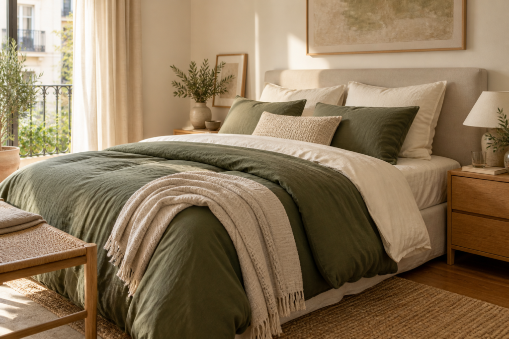Dormitorio otoñal con ropa de cama de algodón en verde oliva y crema