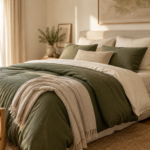 Dormitorio otoñal con ropa de cama de algodón en verde oliva y crema