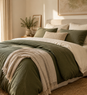 Dormitorio otoñal con ropa de cama de algodón en verde oliva y crema
